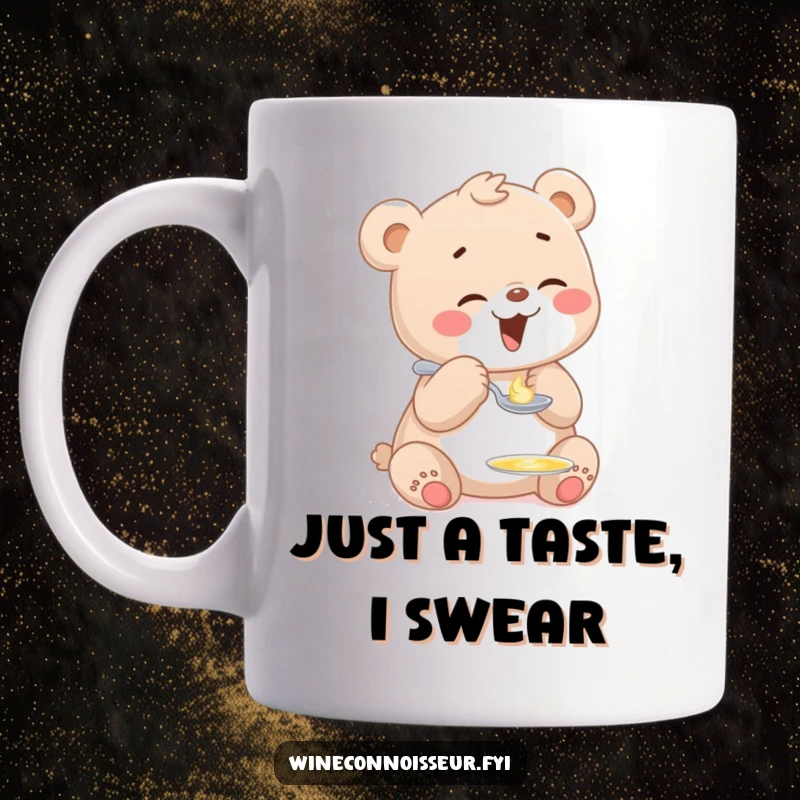 Funny bear cub mug with a happy, giggling cub tasting a tiny drop of honey from a miniature spoon, full of playful delight.