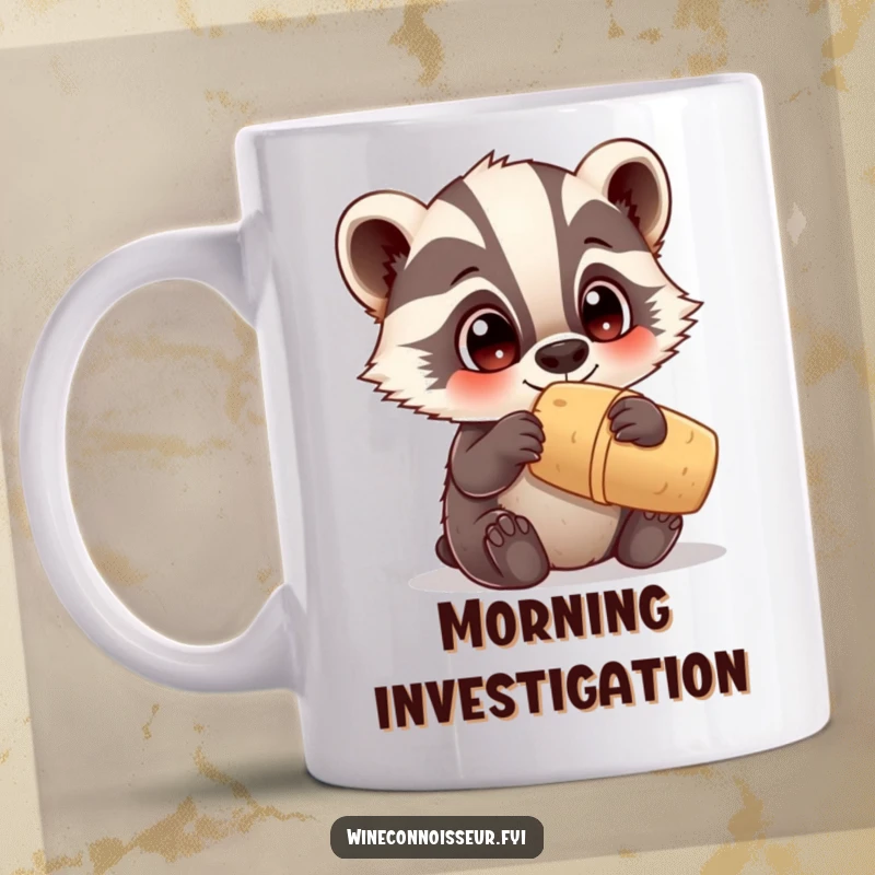 Funny Kawaii badger mug, wide-eyed and curious, examining a cork, adorable animal investigation, perfect gift for the curious.