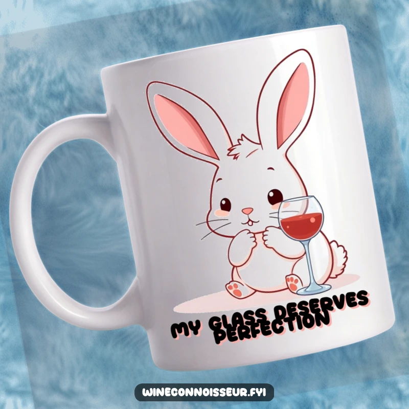 Funny kawaii rabbit mug with a cute expression thoughtfully pondering a wine bottle and glass, perfect for wine lovers.
