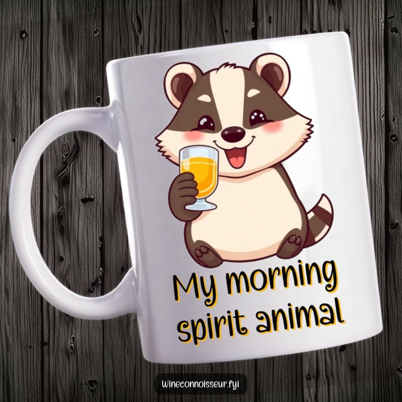 Funny badger mug with a happy character toasting with a small glass and a wide smile, perfect for humorous gift seekers.