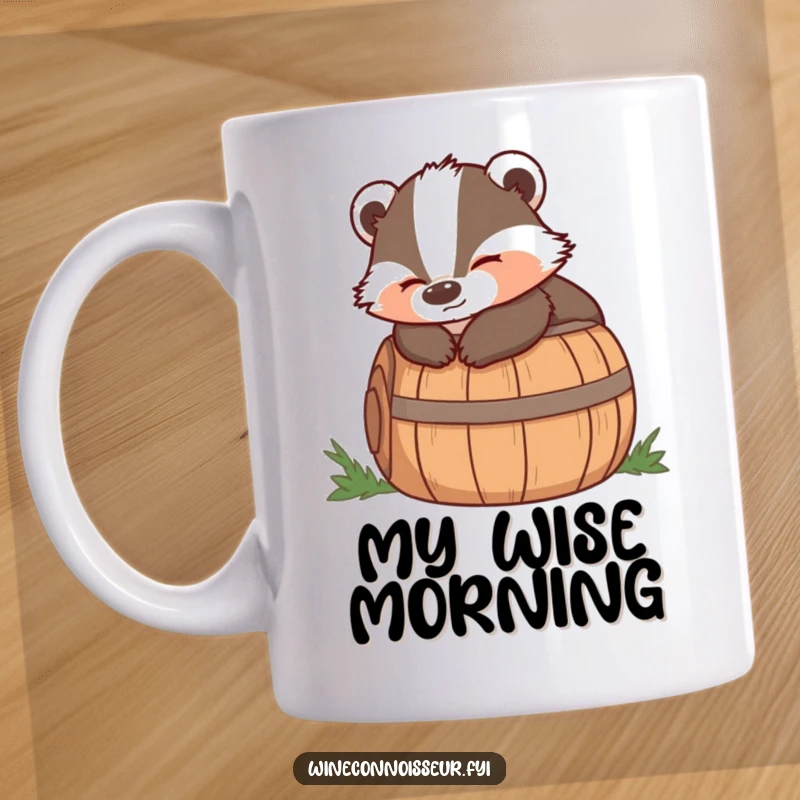 Funny mug showing a wise badger lounging contentedly on a barrel, exuding satisfaction and calm.