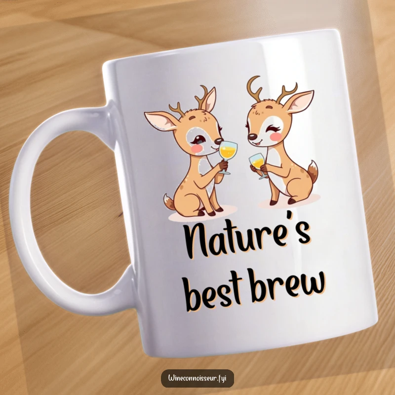 Funny kawaii deer mug depicting two deer enthusiastically discussing wine tasting notes, full of friendly humor.