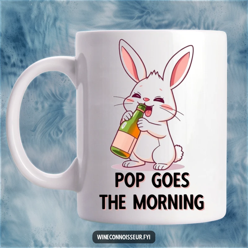 Funny, determined rabbit character enthusiastically uncorking a tiny wine bottle on a coffee mug, symbolizing celebration.