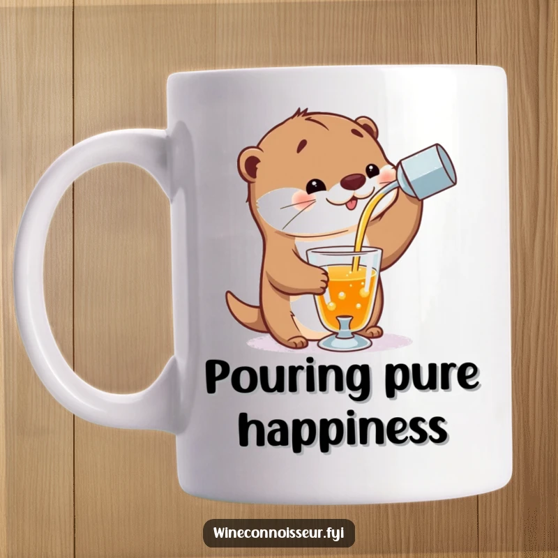 Funny playful otter mug showing an otter expertly pouring a stream of amber liquid into a delicate glass, exuding smooth charm.