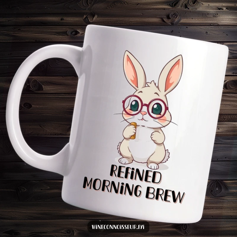 Funny playful rabbit wearing a monocle examining a cork mug, exuding curiosity and comical sophistication.