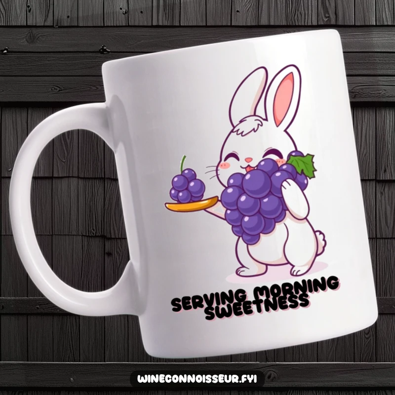 Funny mug featuring a delighted rabbit meticulously serving a single perfect grape with utmost care and a charming, happy expression, conveying gentle humor.