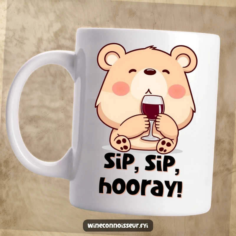 Funny wine bear mug featuring a content brown bear taking a small sip of red wine. Enjoying a moment of bliss.
