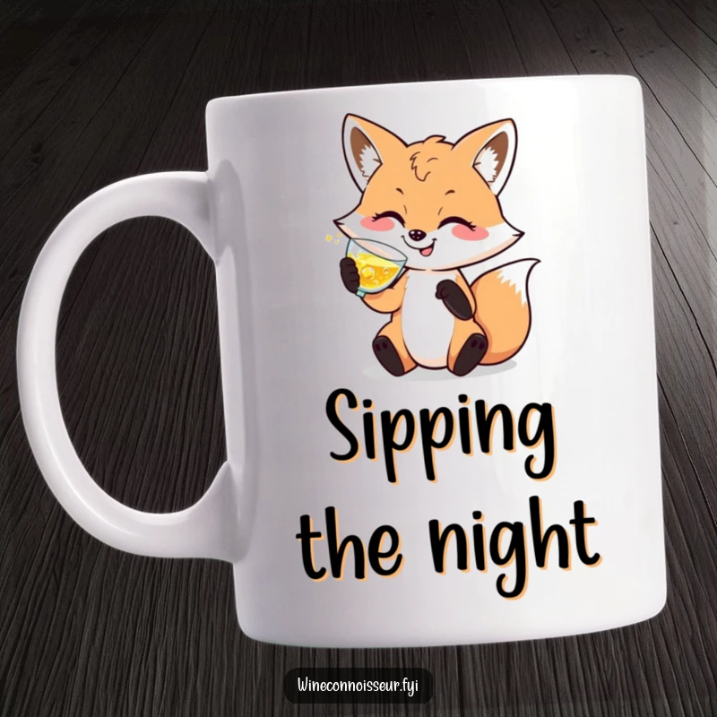 Funny mug featuring a happy, sophisticated fox character elegantly swirling a glass of sparkling liquid with a pleased expression.