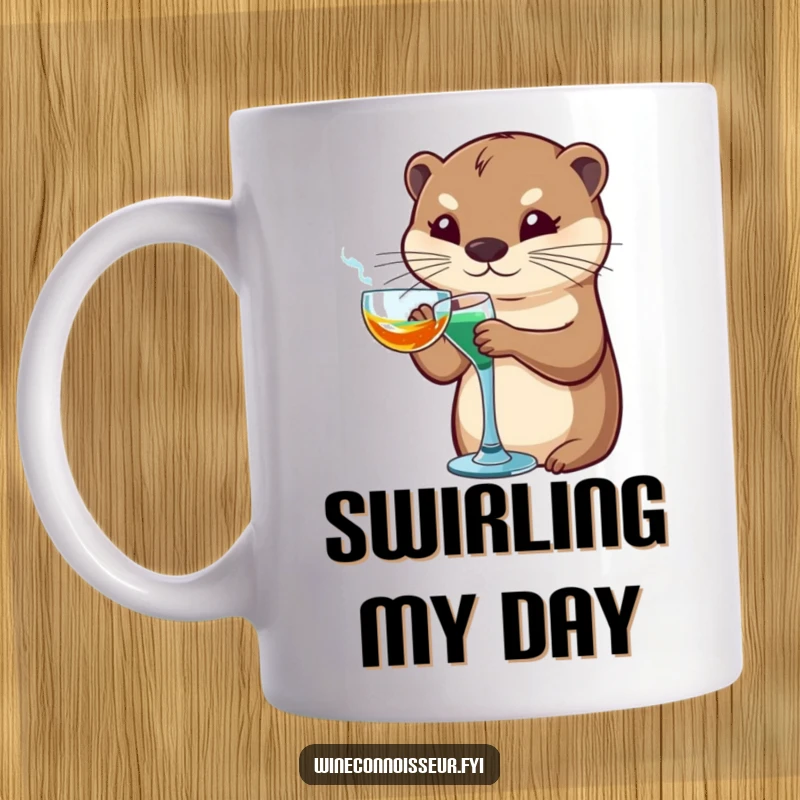 Funny otter mug featuring a sophisticated otter character elegantly swirling a glass, exuding charm and refined beverage enjoyment.