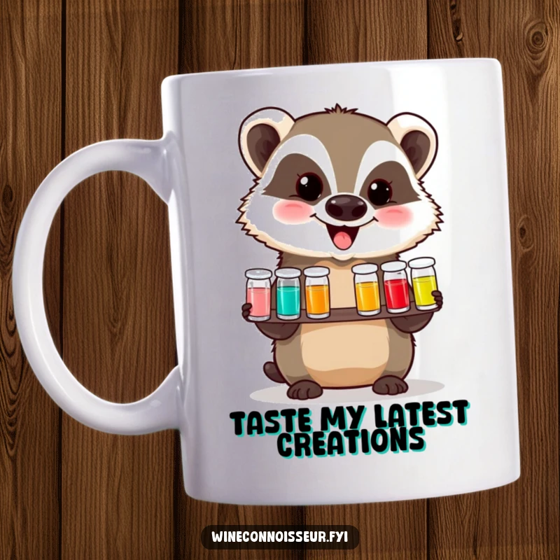 Funny mug featuring a delighted badger offering a tasting flight of tiny vials, showcasing its love for new flavors with a happy expression.