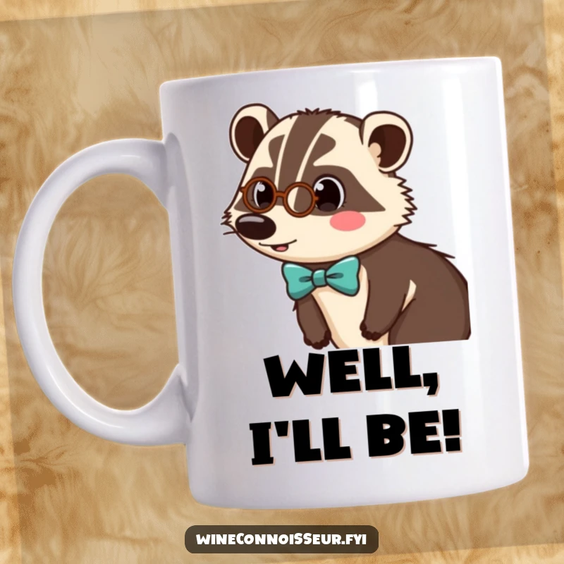 Funny mug featuring a surprised badger character elegantly dressed in a tiny monocle and bow tie, exuding sophisticated humor.