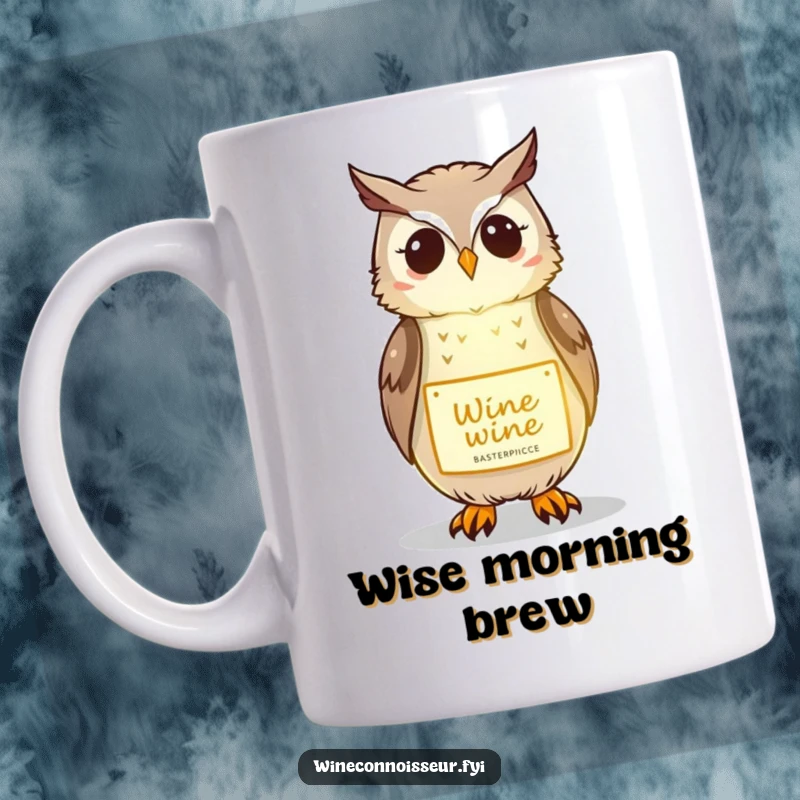Funny kawaii owl mug showing a wise owl illuminating a wine label with a gentle glow, perfect for wine humor.