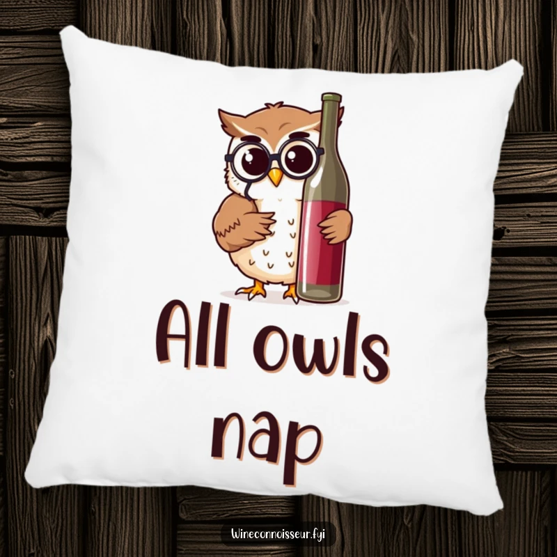 Funny pillow featuring a wise owl character examining a wine bottle, a soft and humorous decorative item.