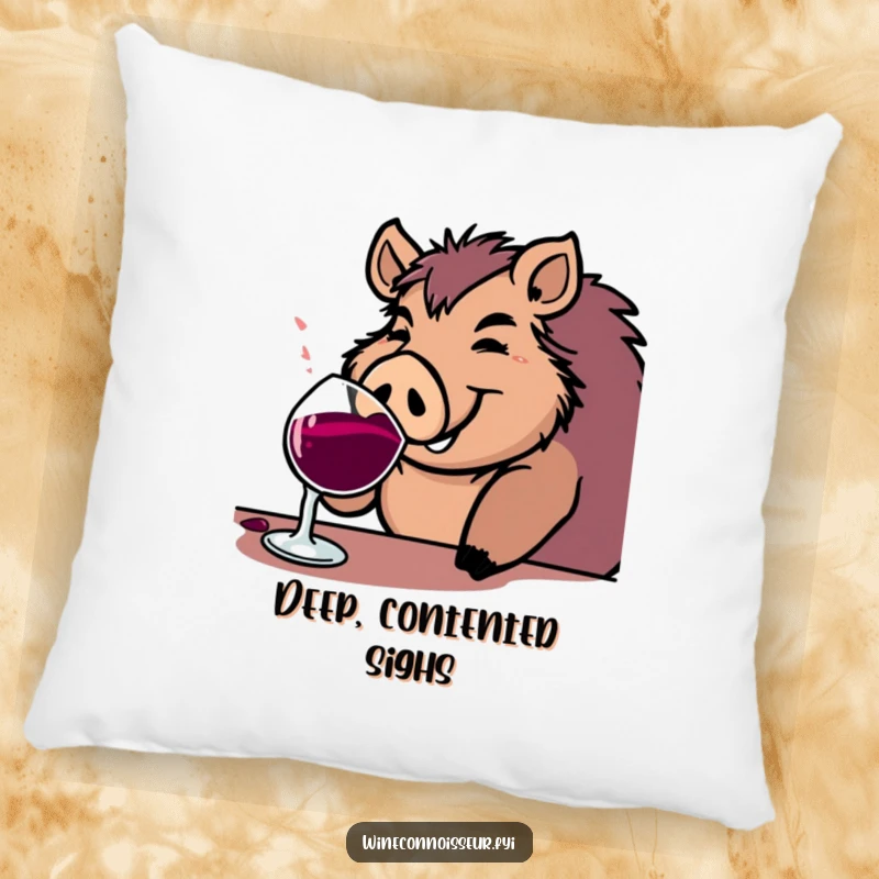 Funny boar pillow featuring a jovial character contentedly sipping from a substantial wine goblet, offering cozy and cheerful humor.
