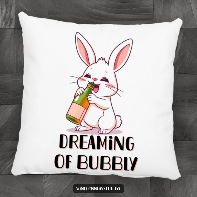Funny rabbit character energetically uncorking a miniature wine bottle, depicted on a soft, decorative pillow.