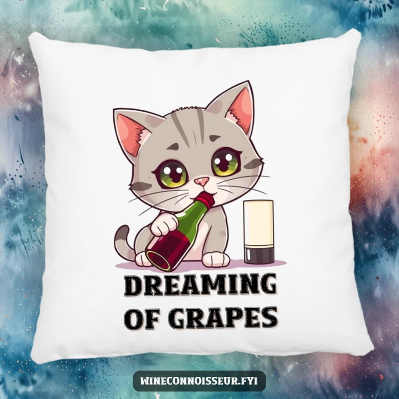 Funny pillow showcasing a curious cat character intensely sniffing a wine bottle with wide eyes, perfect for comfort and feline fun.