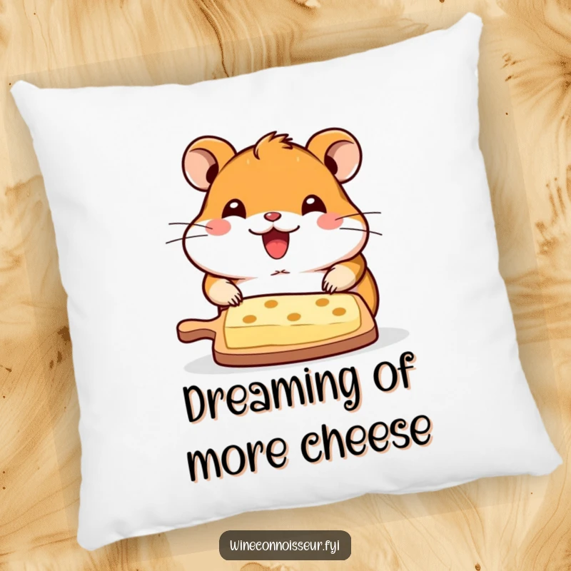 Funny pillow with a happy kawaii hamster presenting a cheese board, offering comfort and a humorous touch to any room.
