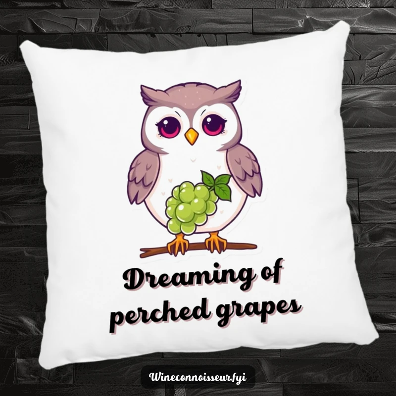 Funny proud owl pillow, balancing grape on beak, cute and comfortable home decor accent.