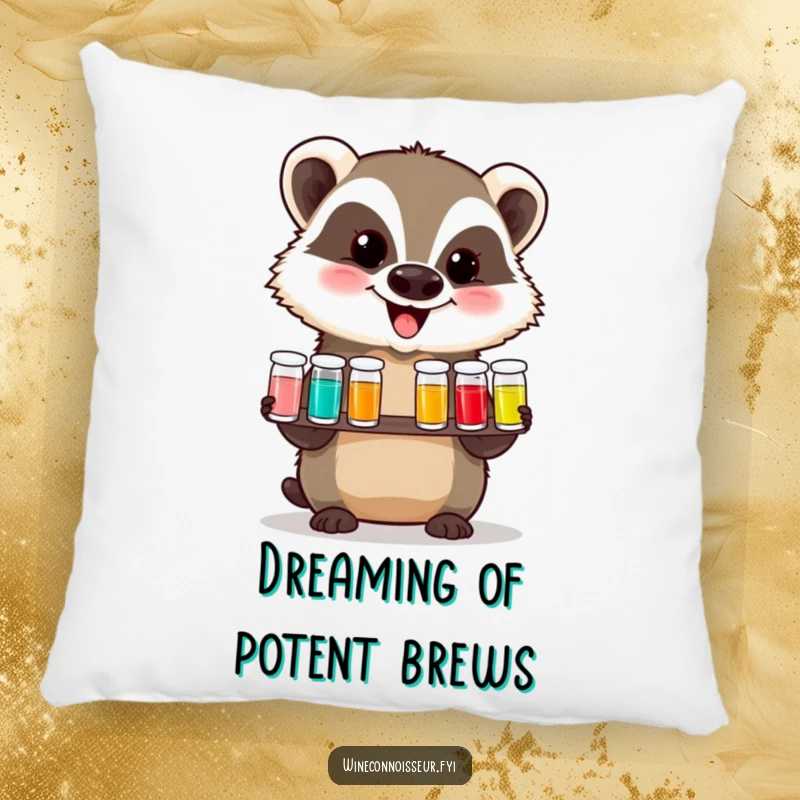 Funny pillow with a delighted badger offering a tasting flight of tiny vials, designed to bring smiles and cozy comfort to any living space.
