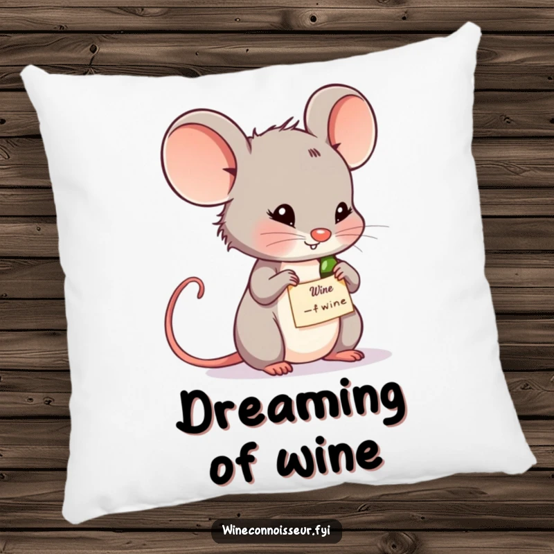 Funny wine mouse pillow featuring a contemplative mouse looking at a wine label. Soft and humorous decor for relaxation.
