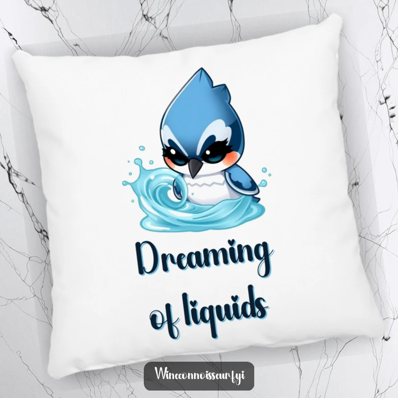 Funny pillow featuring a determined blue jay character analyzing a swirling liquid, a soft and humorous comfort item.