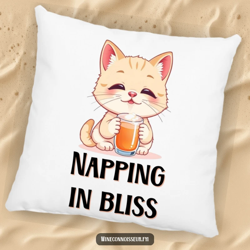 Funny pillow featuring a playful cat taster savoring a tiny sip with eyes closed in pure bliss, offering plush comfort and a touch of whimsical humor.