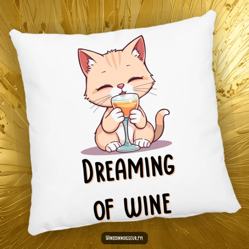 Funny pillow with a kawaii cat character elegantly sipping from a tiny goblet, offering elegant and humorous comfort.