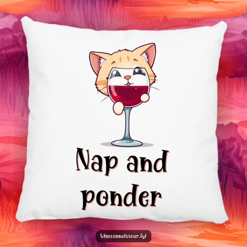 Funny pillow featuring a playful cat character peering with intrigue into a wine glass, offering comfort and cartoonish humor.