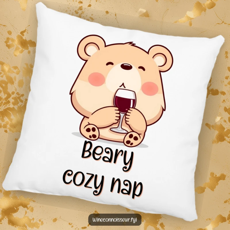 Funny wine bear pillow featuring a relaxed bear gently sipping wine. Soft and humorous decor for ultimate comfort.
