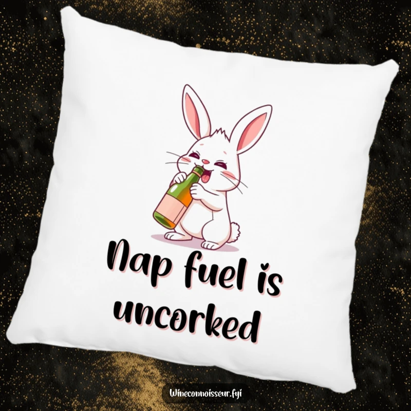 Funny decorative pillow with a determined rabbit character enthusiastically uncorking a miniature wine bottle, embodying a festive spirit.