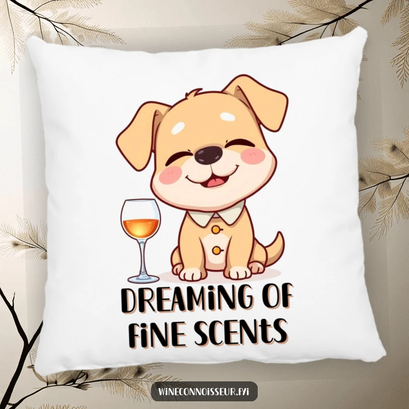 Funny pillow showcasing a happy dog sommelier with eyes closed, sniffing an invisible aroma with comical intensity, perfect for adding humor to any space.