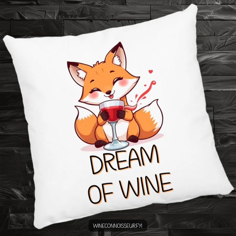 Funny pillow featuring a smiling fox carefully swirling a goblet of red liquid, offering cozy comfort and charm.