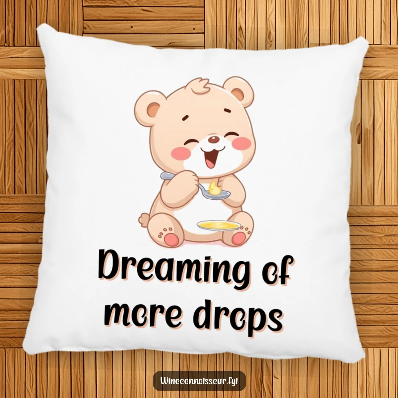 Funny decorative pillow with a giggling bear cub character savoring a tiny drop of honey from a miniature spoon, embodying sweet happiness.