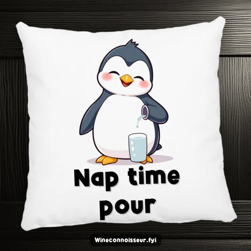 Funny giggling penguin pillow, pouring tiny liquid, cute and comfortable home decor accent.