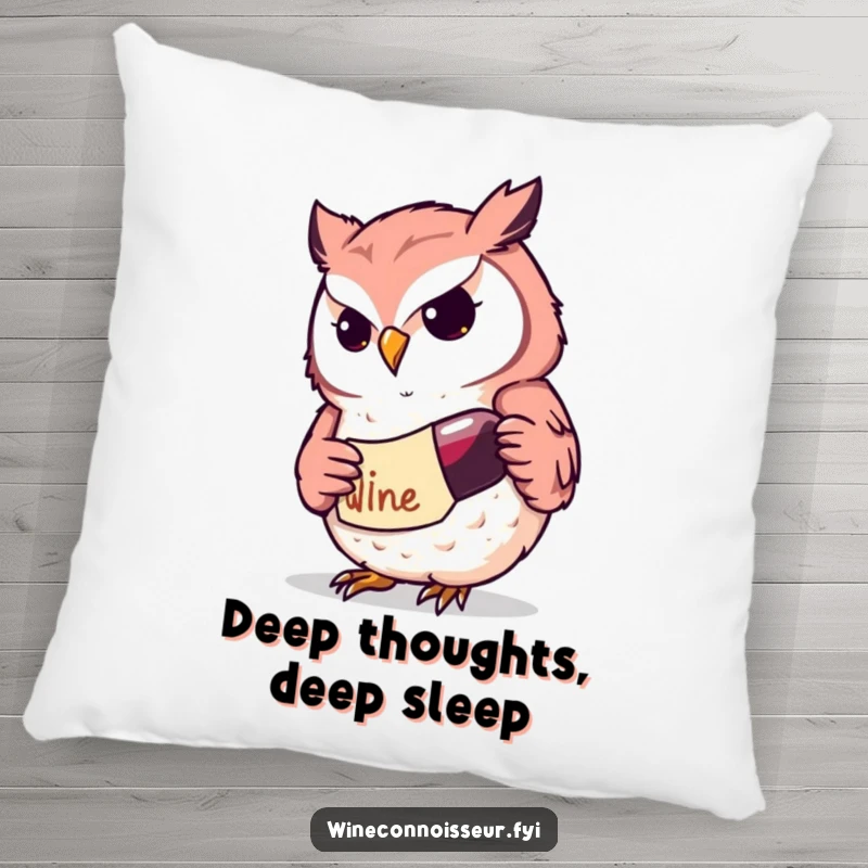 Funny Kawaii owl wine pillow featuring a determined character studying a wine label, offering cozy intellectual comfort and humor, a lovely gift.