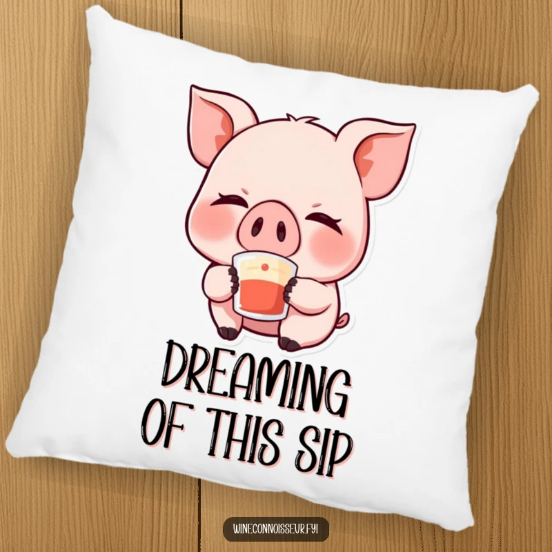 Funny Kawaii Pig Pillow: A soft cushion featuring a blissfully giggling pig character, eyes closed in enjoyment while sipping, perfect for cozy humor.