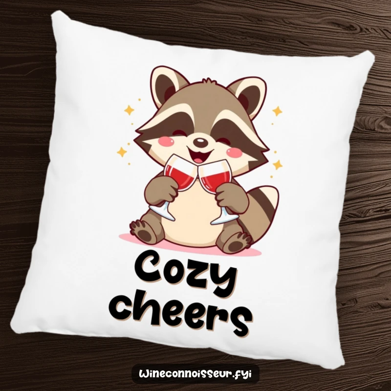 Funny pillow with a joyful Kawaii raccoon clinking wine glasses, cozy celebration theme, cute and humorous decor gift.