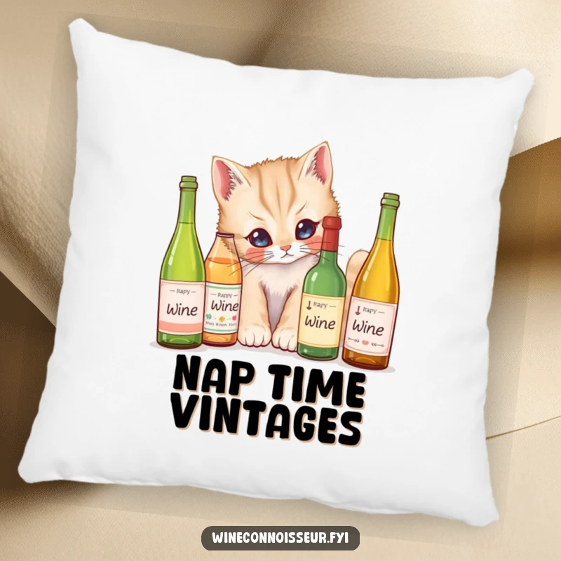 Funny Pillow: A curious kitten peeking at miniature wine bottles, adding comfort and a dose of feline humor to any room.