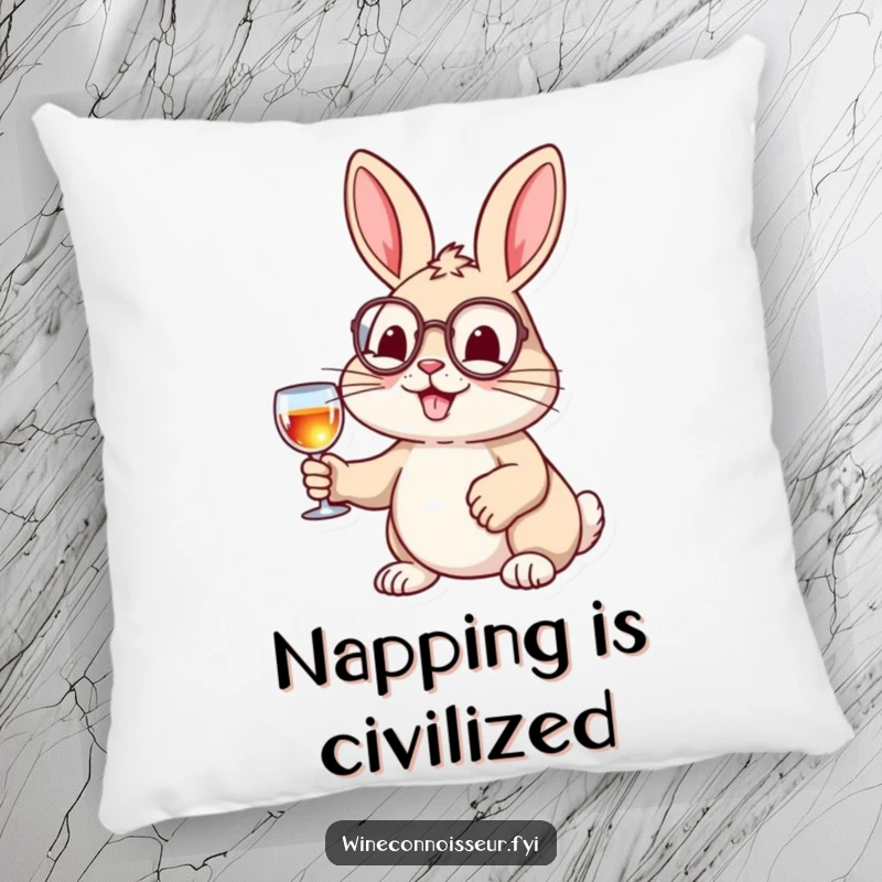 Funny pillow featuring a cheerful rabbit with a monocle and wine glass, a soft and elegantly humorous decorative item.