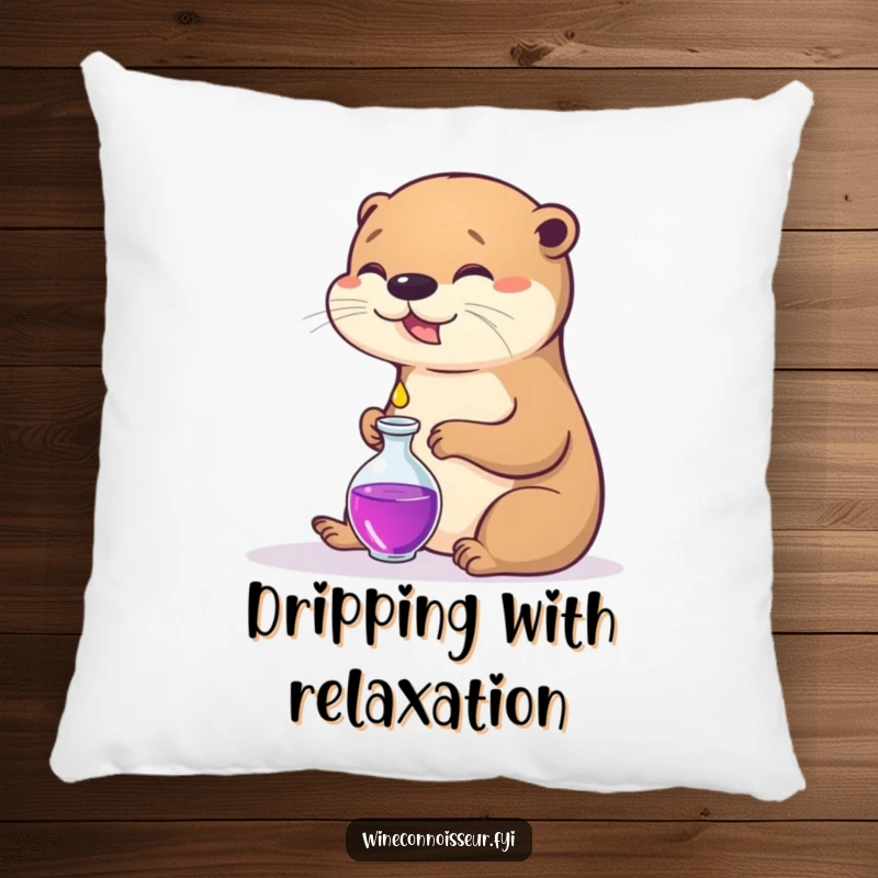 Funny pillow featuring a content otter meticulously pouring a droplet into a decanter, offering comfort and humor.
