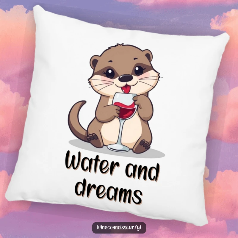 Soft and funny pillow showcasing a playful otter swirling wine in a small glass, perfect for cozy and humorous decor.
