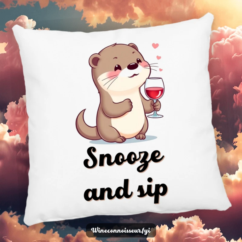 Funny kawaii otter pillow, character holding wine glass, sighing contentedly, soft and amusing cushion.