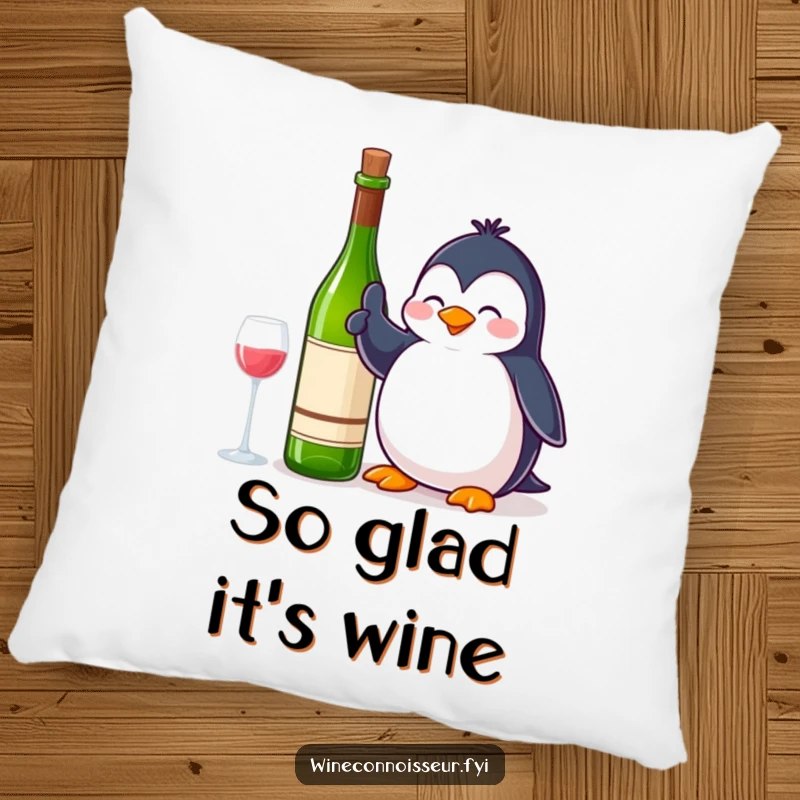 Funny Pillow: A contented penguin giving a thumbs up next to a wine bottle, adding comfort and a dose of happy approval.