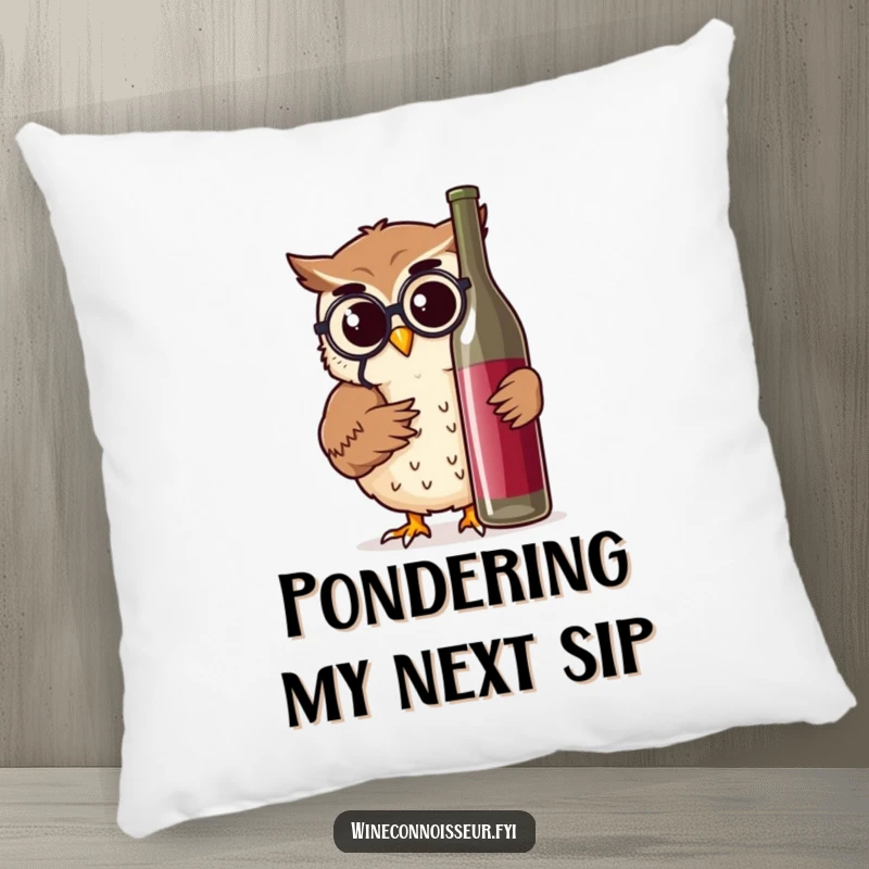 Funny owl character with monocle and wine bottle, depicted on a soft, decorative pillow for humorous seating comfort.