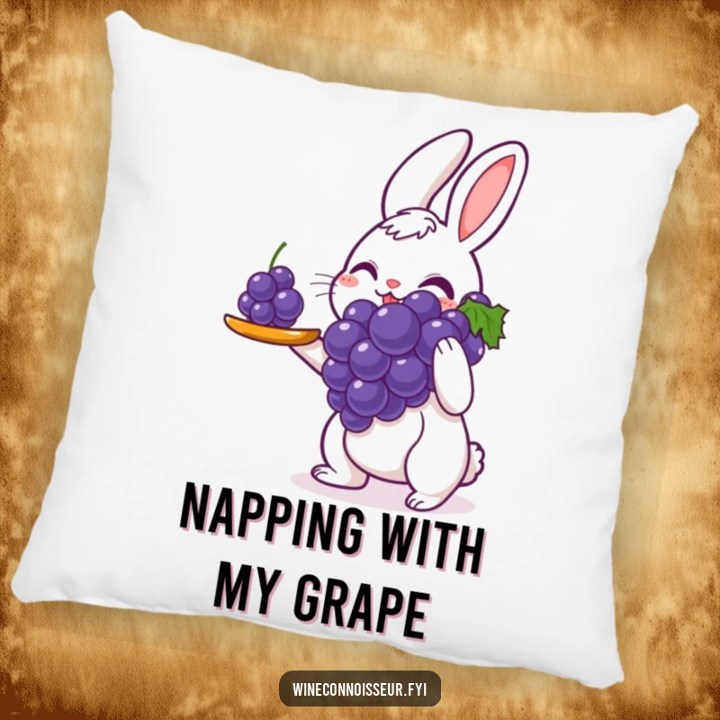 Funny pillow featuring a delighted rabbit server presenting a single perfect grape with great care, offering plush comfort and a touch of whimsical humor.