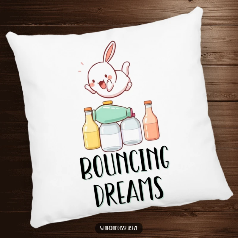 Funny pillow featuring a playful rabbit character somersaulting over stacked bottles, adding soft comfort with energetic humor.