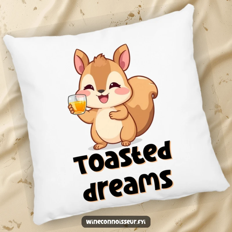 Funny pillow featuring a happy squirrel character raising a tiny glass of amber liquid, adding cozy comfort with a celebratory touch.