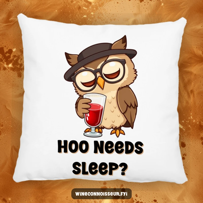 Funny wise brown owl with spectacles swirling red liquid on a soft funny pillow.