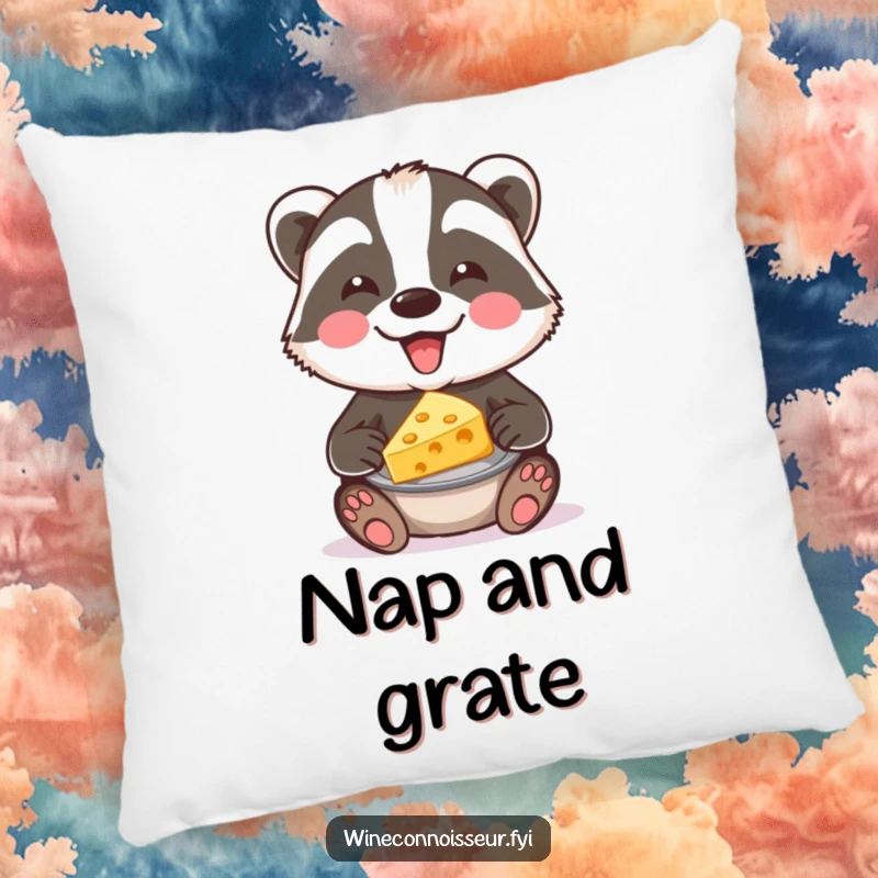 Funny badger cheese pillow featuring a smiling badger holding a cheese selection. Soft and humorous decor for relaxation.