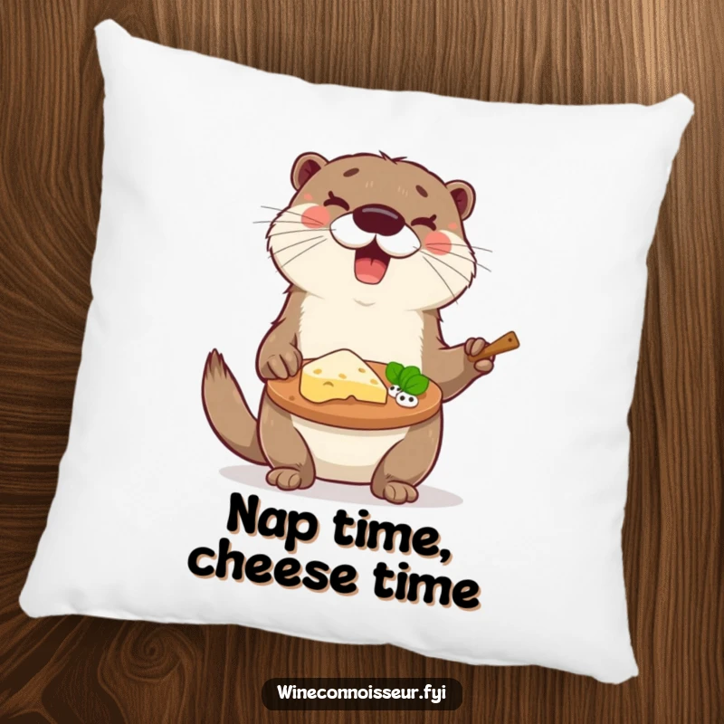 Soft funny otter pillow showcasing a cheese platter with tasting notes, a comfortable and funny decorative gift.